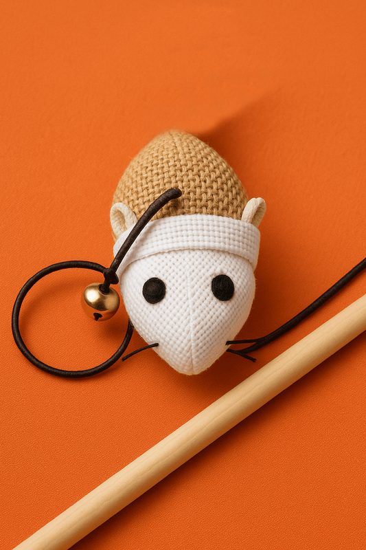 Katzenangel mit Maus – Holzgriff & Feder – Bewegungstraining für Wohnungskatzen